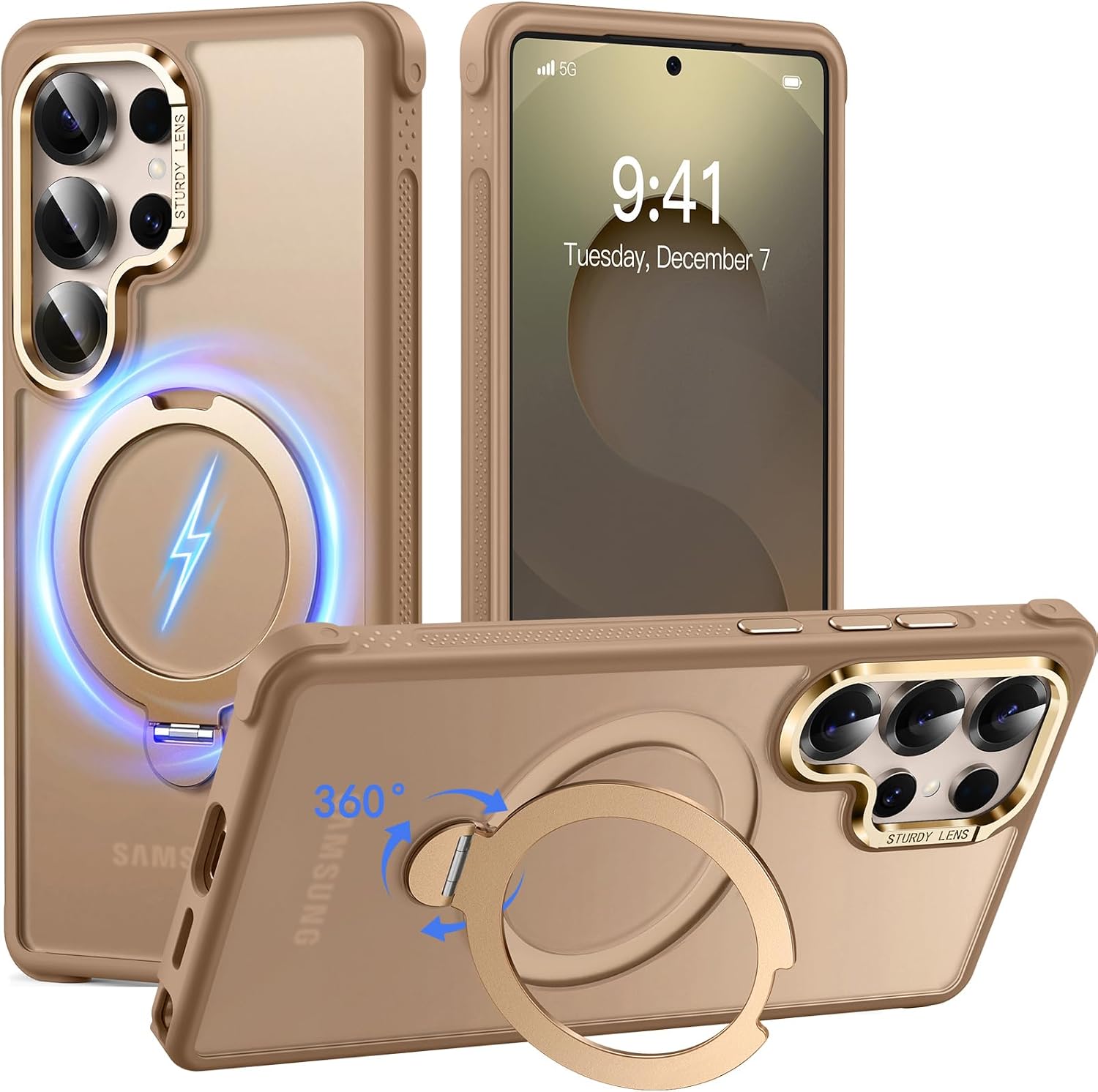 Spin for Samsung Galaxy S25 Ultra Case with 360 Magnetic Stand, Matte Gold