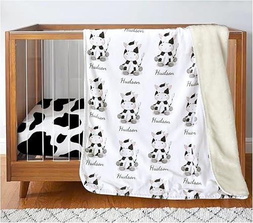 Miniatura 3 de Manta de bebé personalizada con estampado de vaca con nombre, forro polar sherpa suave, ideal para recién nacidos, bebés y niños