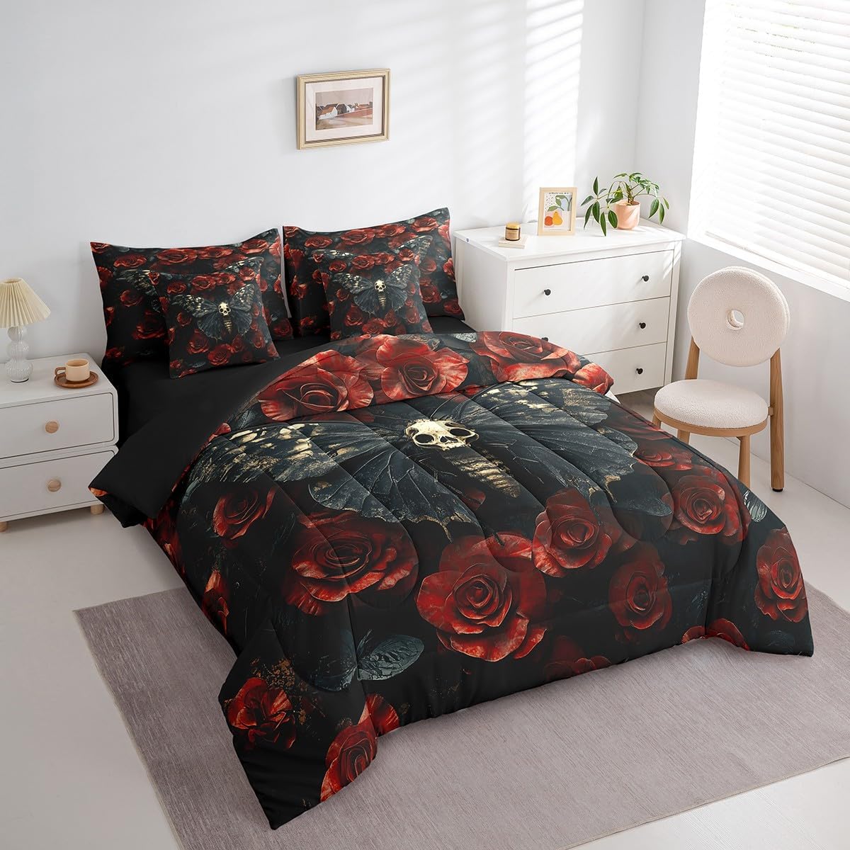 Erosebridal Moth Bed in A Bag Gothic Skull Floral Twin Comforter Set,Extoic Boho Decor 7 Pieces Bedding Set Red Rose for Gilrs Women Lover Sheet Set