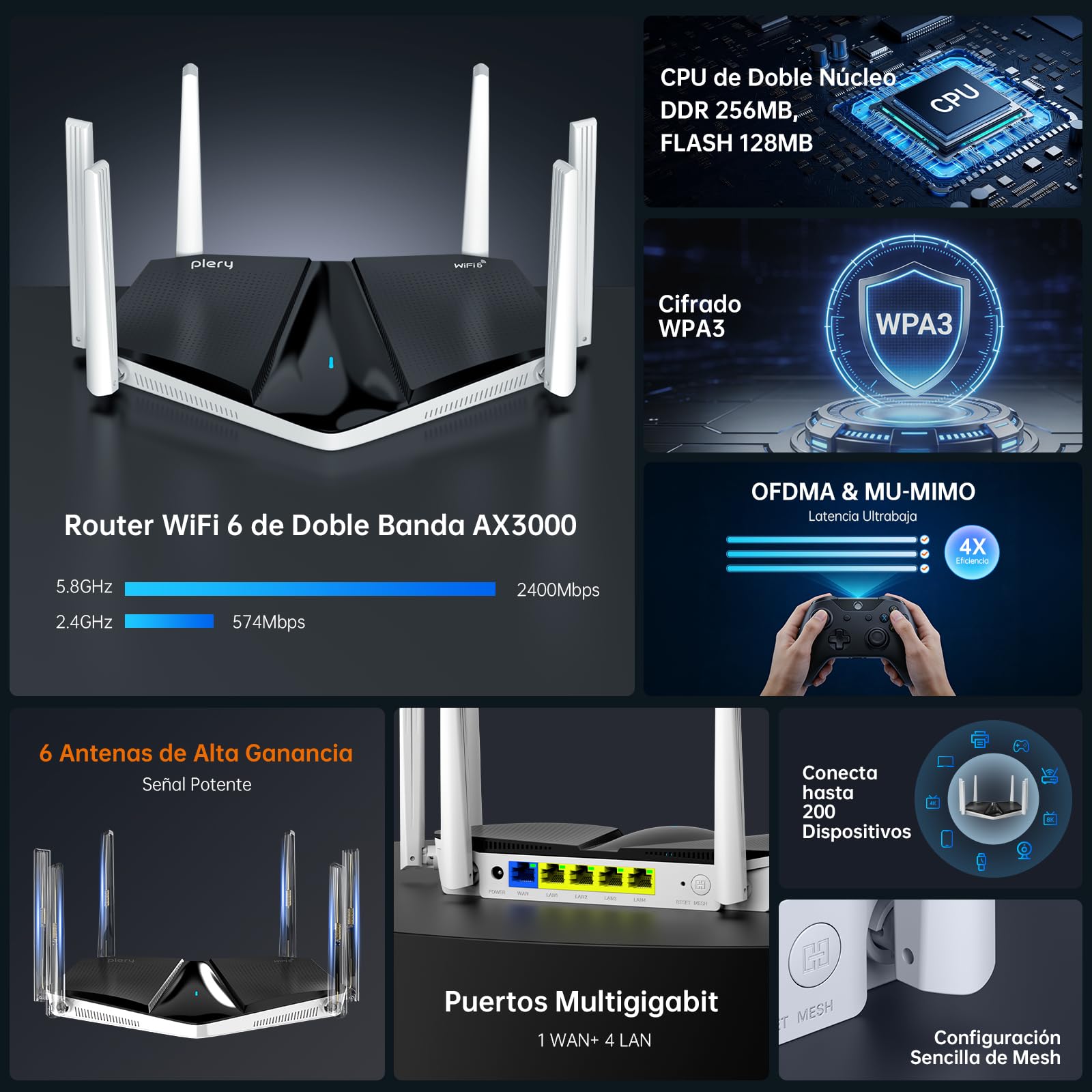 AX3000 Router WiFi 6, Doble Banda 5Ghz/2.4Ghz, 1 x WAN / 4 x LAN Puerto Gigabit, 3000 Mbps Alta Velocidad, 6 Antenas de Alta Ganancia, Up to 65 Dispositivos, WPA3, Compatible con EasyMesh