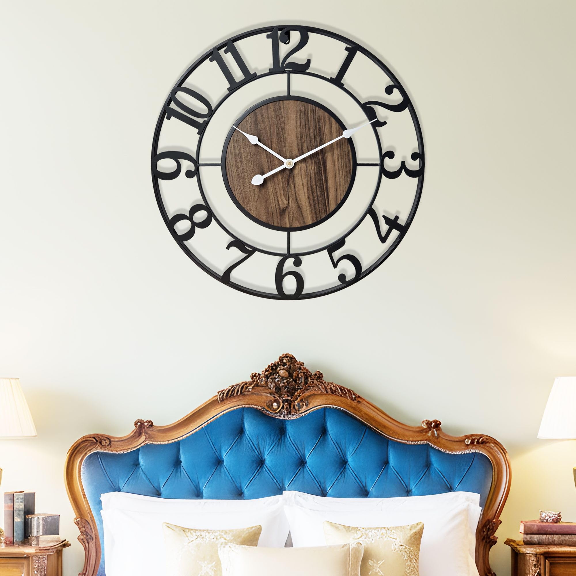 Große Wanduhr 50cm Durchmesser Vintage Design Schwarz Metall Dekorative Ohne Tickgeräusche Moderne Holz Wanduhr für Wohnzimmer, Landhaus, Schlafzimmer, Kamin, Küche, Büro & Wohnaccessoire