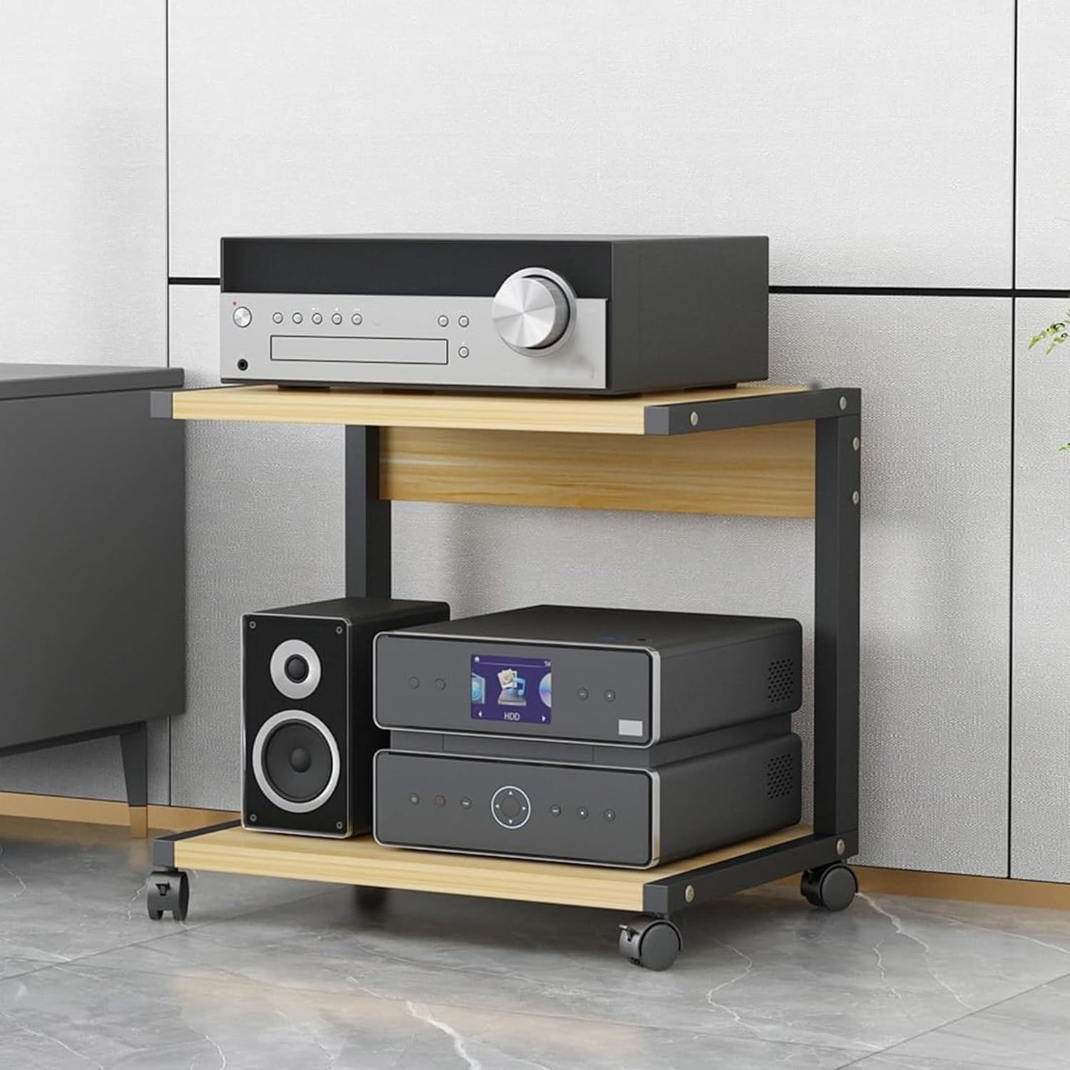 Stojak na sprzęt audio HiFi, 2-poziomowy stojak na sprzęt audio AV, półka na gramofon/konsolę do gier/DVD, drewniana szafka pod telewizor stereo, do salonów, pokojów gier i centrów rozrywki (natu