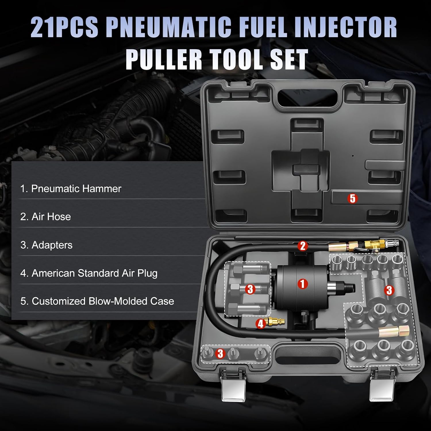 JIFETOR Pneumatic Injector Puller Tool Set Compatible with Diesel Engines, 21PCS Air Vibration Injector Removal Tool Kit with Extractor Hammer, 19 Adapters and Extension Hose