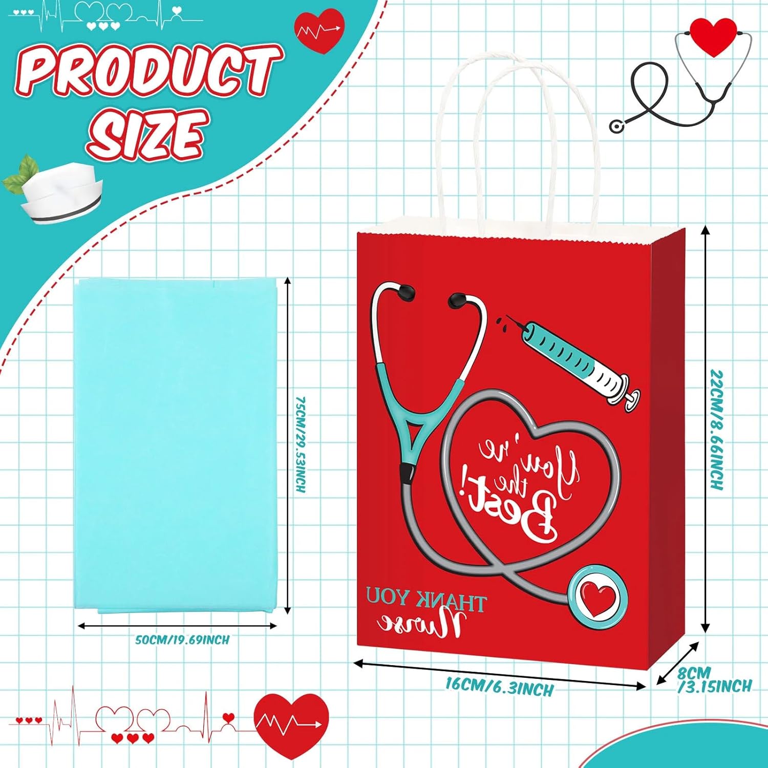 Sabary 48 Pcs Nurse Gift Bags 9 x 7 Inch, Nursing Graduation Party Thank You Nurse Paper Goodie Bags with Tissue Paper Decor for Medical Themed Birthday RN Nursing Graduation Party Favor Supplies