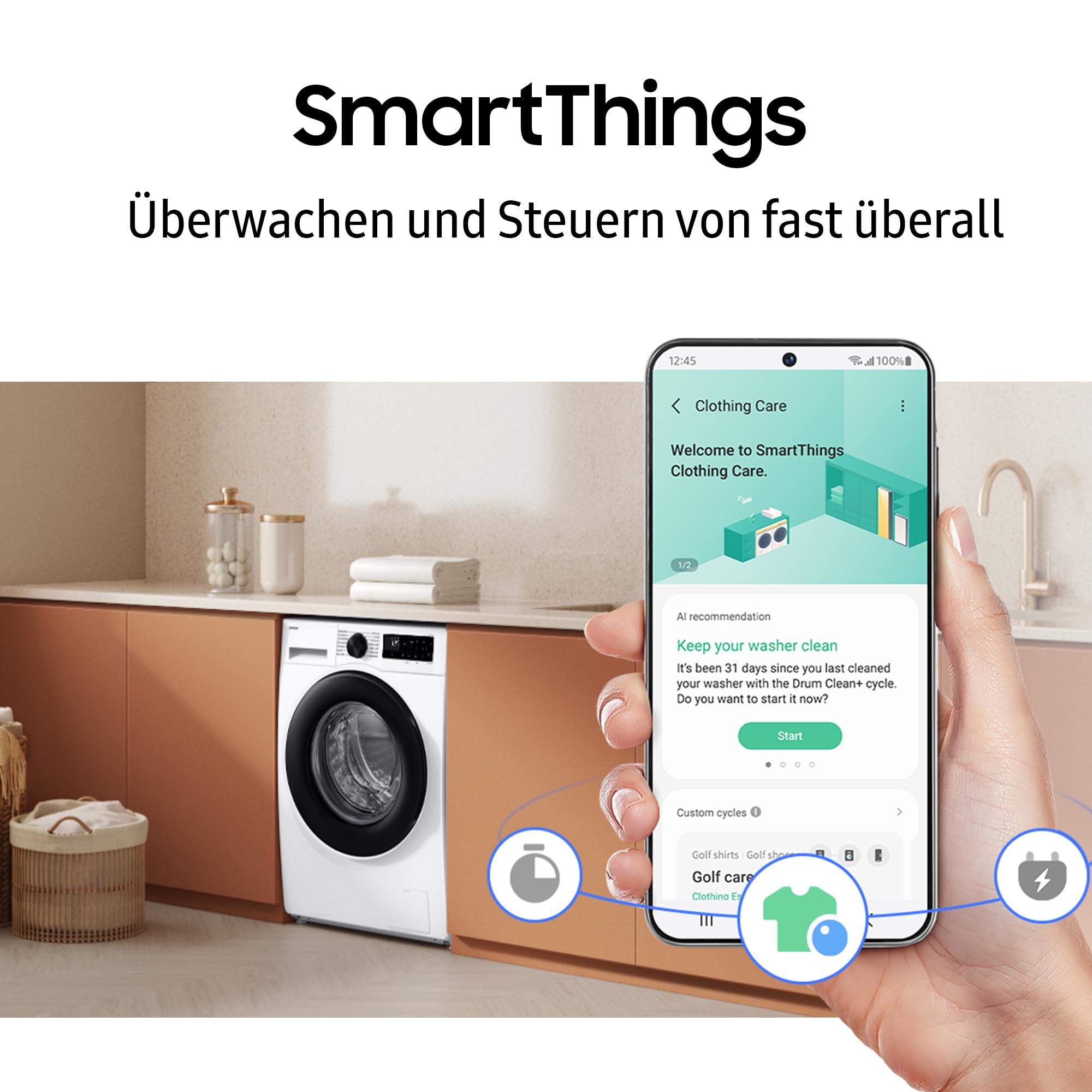 Samsung WW90DG5G34AEEG Waschmaschine WW5100D SLIM 9 kg 48 cm tief Dampfprogramm AI Energy Mode Ecobubble WiFi Mikroplastik-Programm AI Wash SuperSpeed 39 Min. Weiß