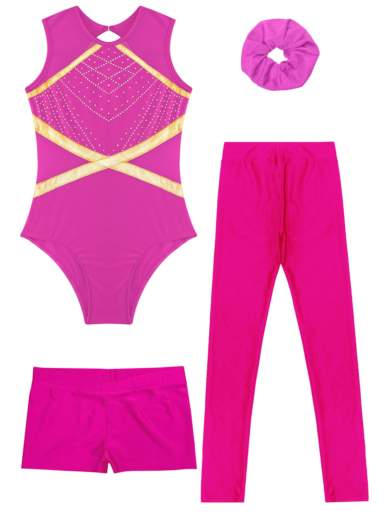 Oyolan Ensemble de Gymnastique 4 Pièces pour Fille Justaucorps Legging Short Chouchou Tenue Danse Gym Patinage Sport Fitness