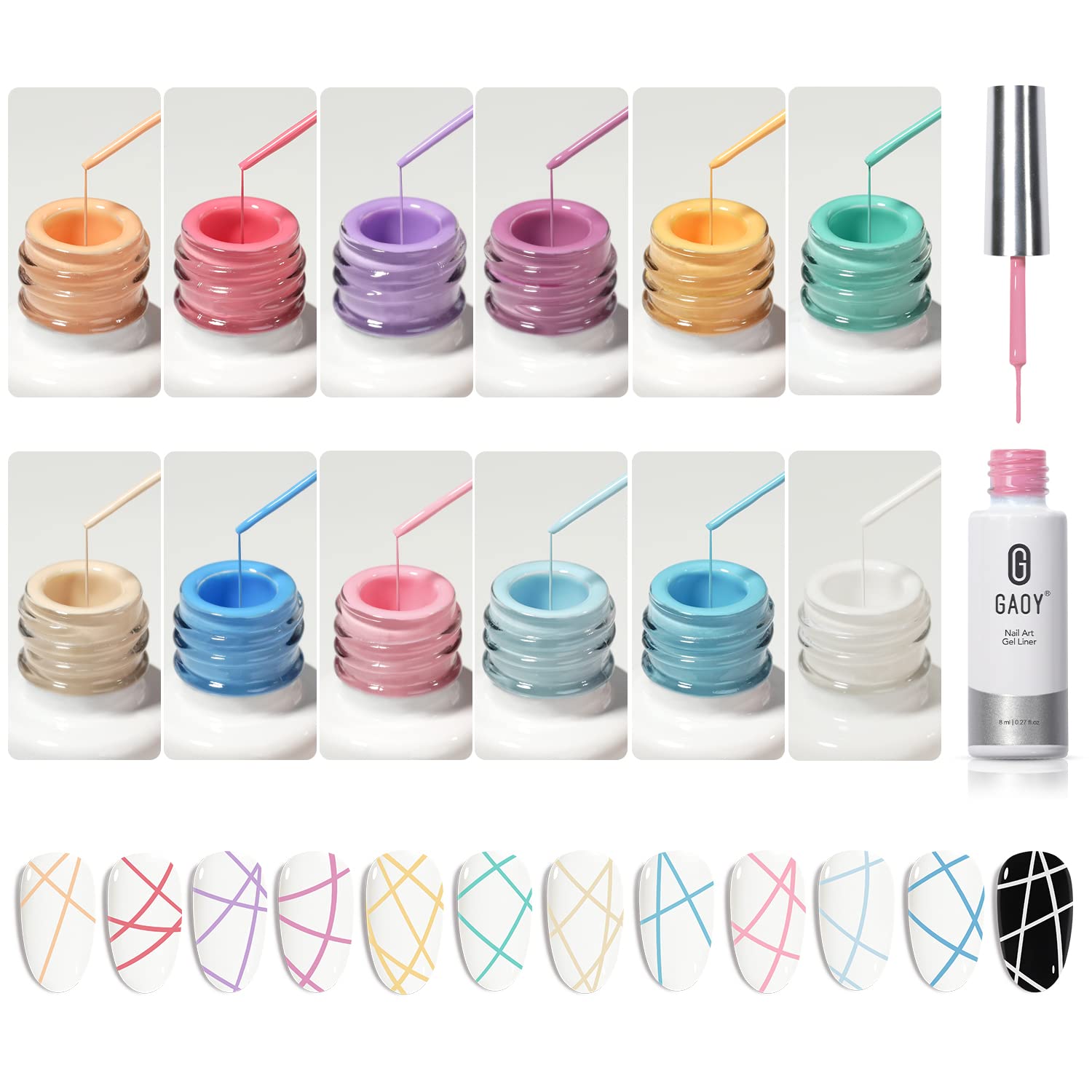 GAOY Gel Polish Nail Art Gel Liner Set, 12 Colors Gel x Nail Paint Kit of White Pink for Nail Design DIY Manicure and Pedicure at Home