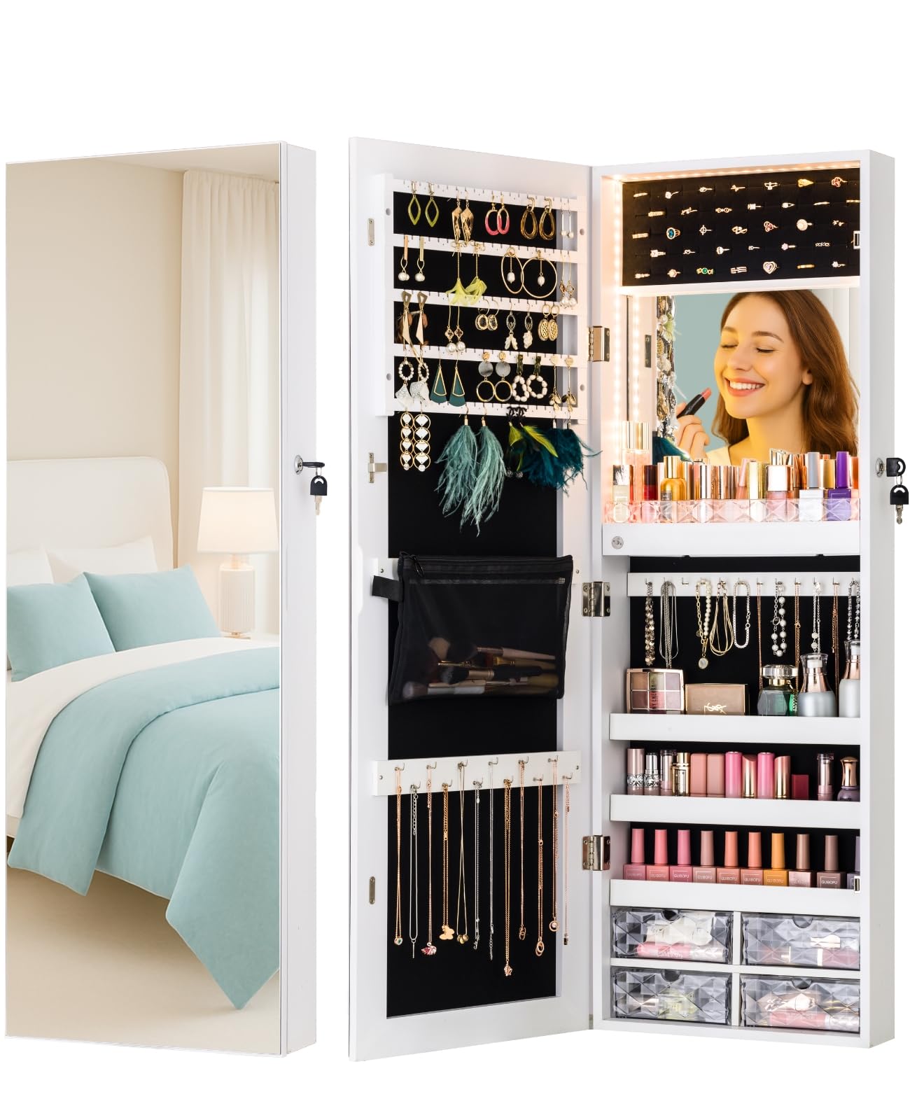 LUXFURNI LED Lights Mirror Jewelry Cabinet Wall Mounted or Door-Hanging, 42" Full Length Mirror with Storage, Built-in Makeup Mirror, Lockable Jewelry Mirror Organizer, White