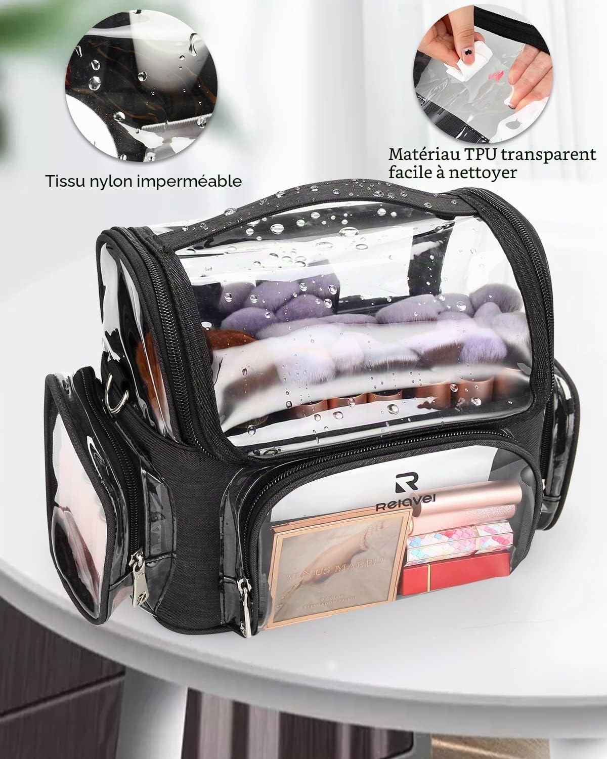 Relavel Étui pour pinceaux de maquillage professionnel, étui de voyage transparent etanche, ouverture complete, facile d'accès, avec sangle regulable