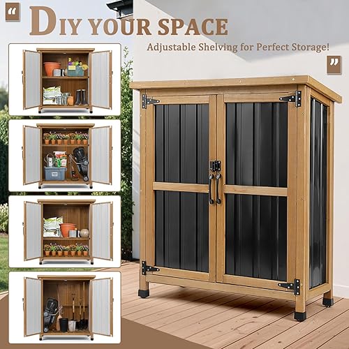 Miniatura 5 de Armario de almacenamiento resistente a la intemperie para exteriores con puertas con cerradura, cobertizo de almacenamiento de madera y metal para