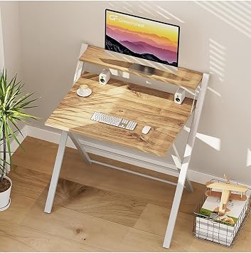 Bodo Metal Ayaklı Katlanır Laptop Masası Çalışma Masası Raflı Sehpa, Beyaz - Çam