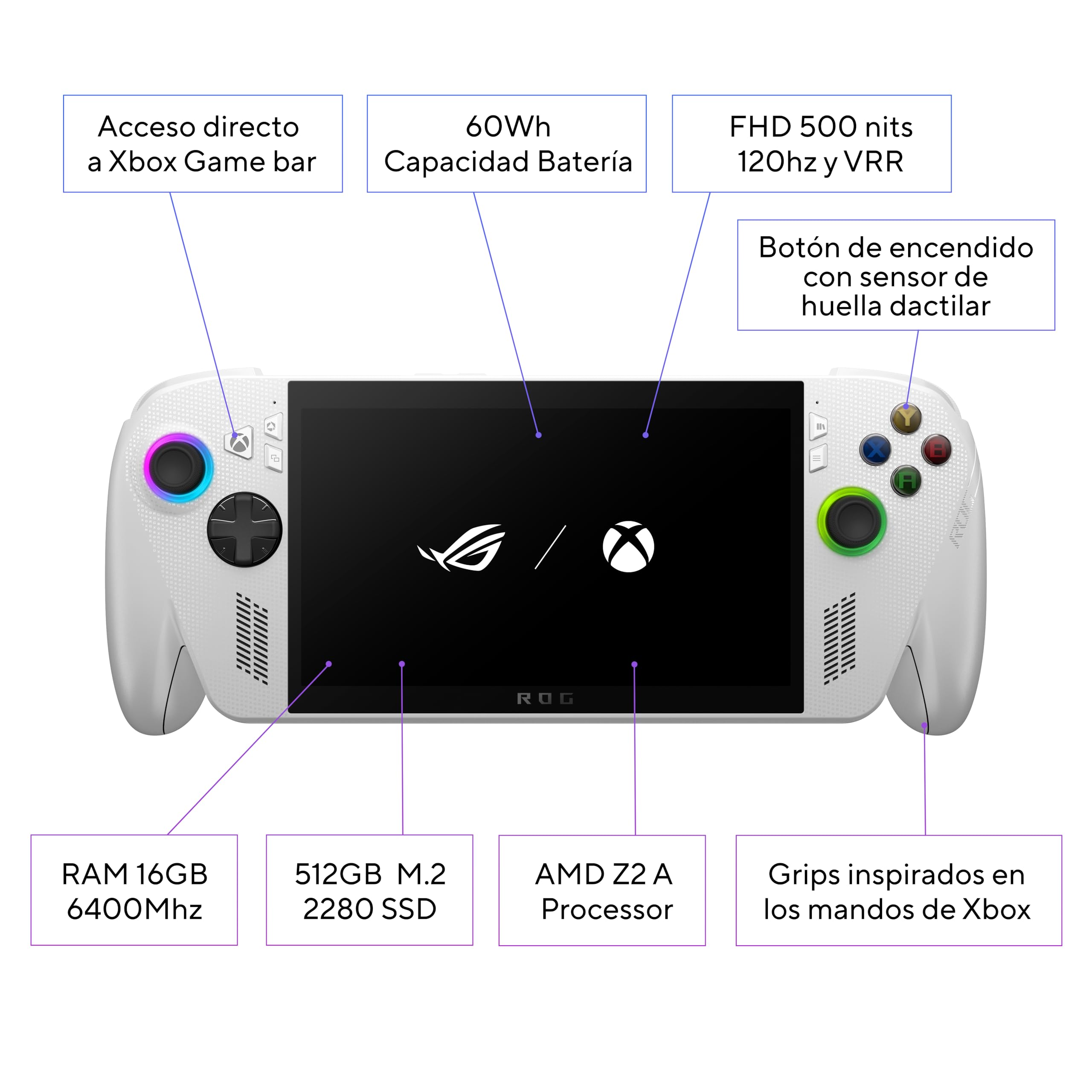 ASUS ROG Xbox Ally - Consola Portátil Gaming 7" Full HD 120Hz (AMD Ryzen Z2 A, 16GB RAM, 512GB SSD, Batería 60Wh, Windows 11, Consigue 3 meses gratis de Game Pass Premium) - Color Blanca
