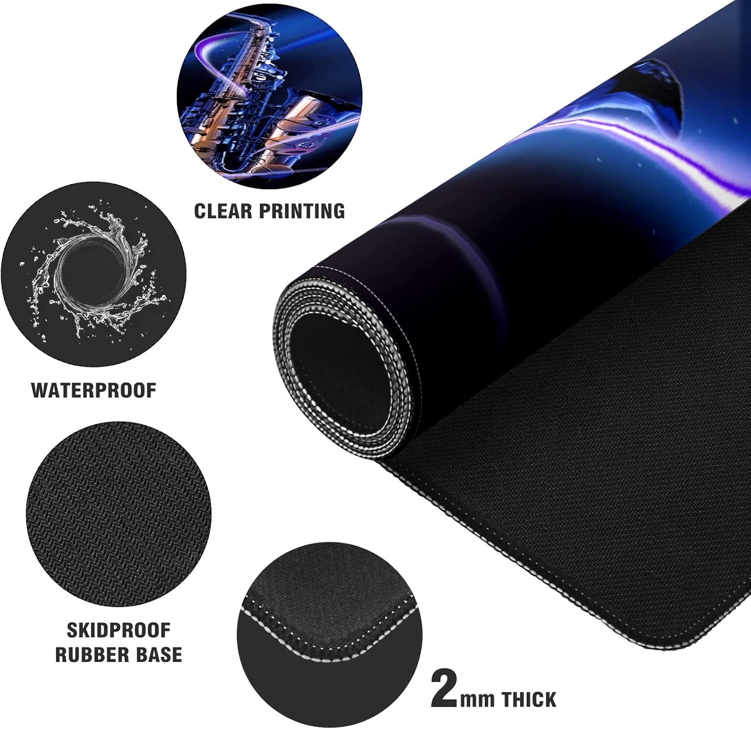 Extended Gaming Mouse Pads Musical Saxophone Large Computer Keyboard Mouse Mat Thick Desk Pad Rubber Base Stitched Edges Playmat for Gamer Home Office Decor 35.4''x15.7''