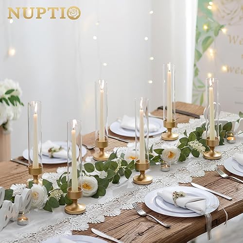 Miniatura 3 de NUPTIO - Candelabro Hurricane de vidrio: Juego de 10 portavelas de metal cónico con fundas - Candelabros de oro a granel para decoración de centro