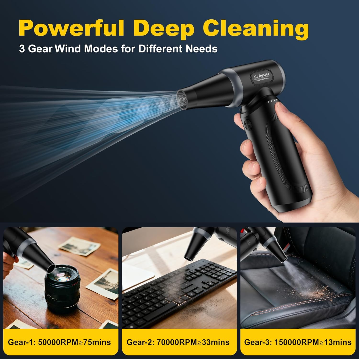 ABS Electric Compressed Air Duster,150000RPM Rechargeable Cordless Mini Blower,3-Gear Adjustable Air Duster with fast charging,mini snow blower for car and cleaning for Computer,Keyboard,House,Outdoor