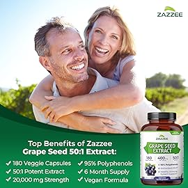 Zazzee High Strength Grape Seed 50:1 Extract, 180 Vegan Capsules, 95% Polyphenols, 400 mg per Capsule, 6 Month Supply, Standardized and Concentrated 50X Extract, Non-GMO, Made in The USA