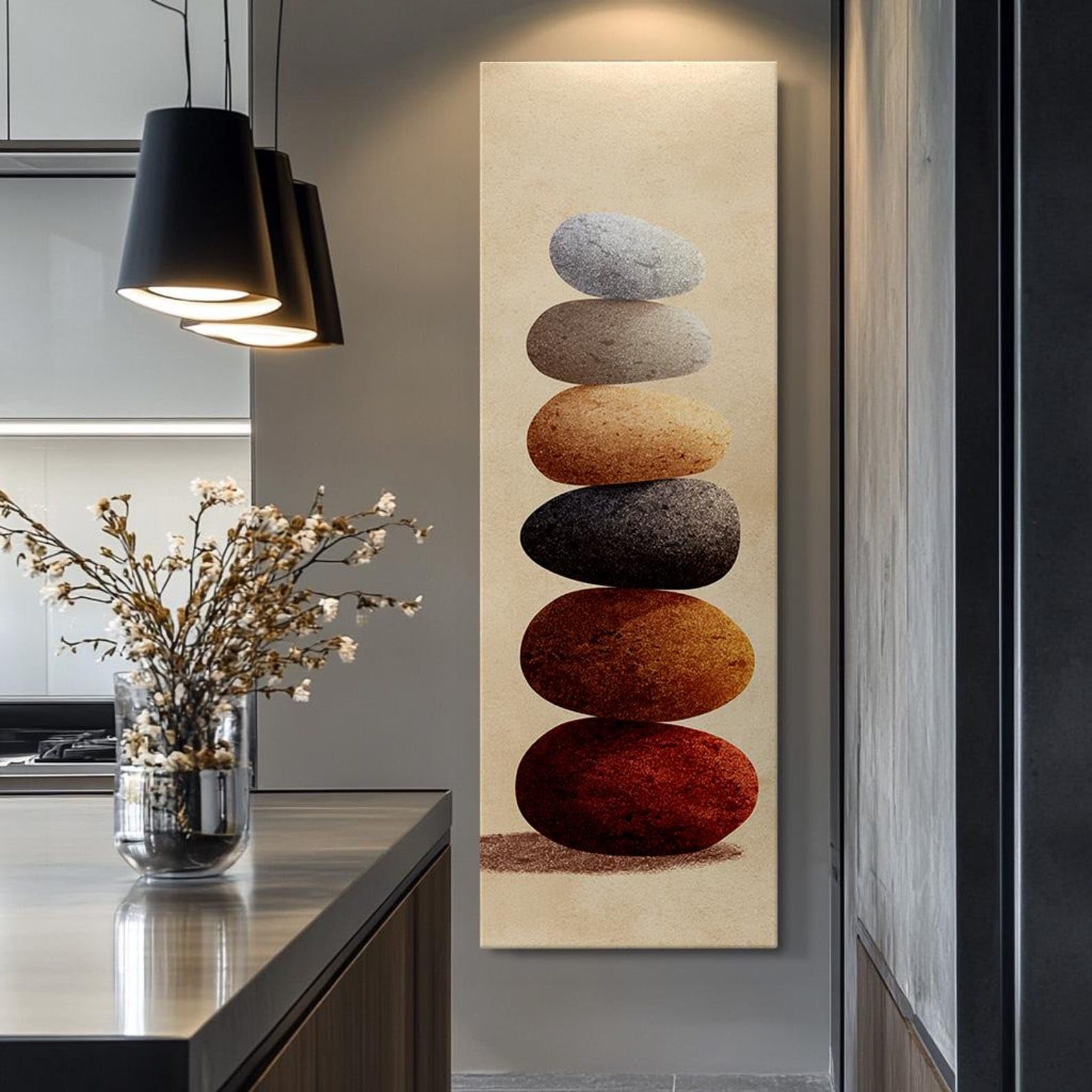 Xinbao Frameless Japandi Stone Wall Art, Tall Narrow Decor Painting, Long Vertical Canvas Prints，Thin Canvas Wall Art For Home Wall Decor(30X90cm/Frameless)