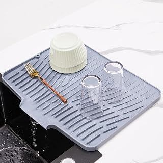 Silicone Dish Drying Mat for Kitchen Counter,Non-Slip Dish Drying Pad with Drain Lip,Heat Resistant Sink drying Mat for Dishes,Large Rubber dish drain mat dish rack mat (Grey,15.8"x13")