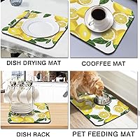 Vista 4 de Tapete de secado de platos de goma para encimera de cocina grande con diseño de limón, lavable, almohadilla de secado rápido para el hogar y café