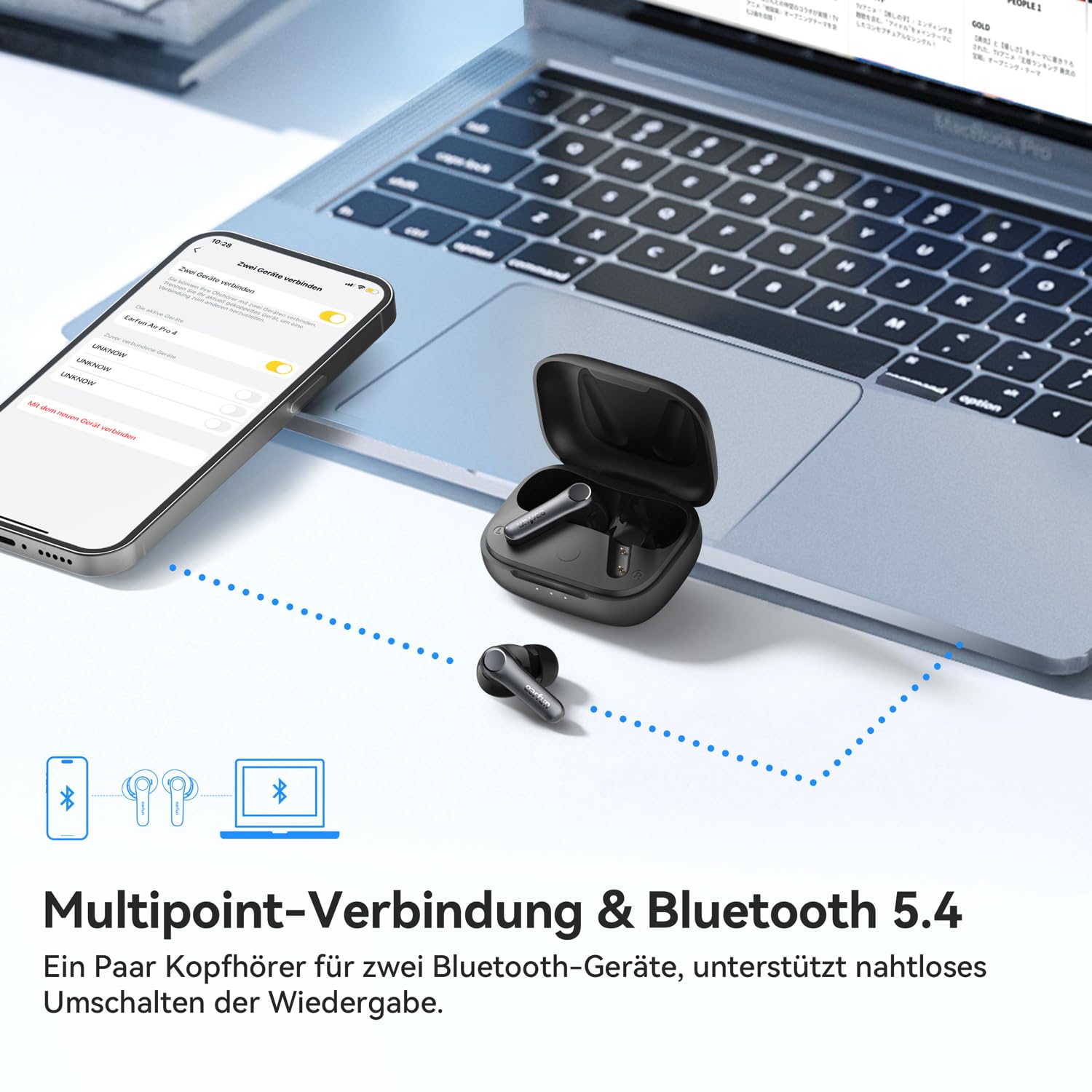EarFun Air Pro 4 Bluetooth Kopfhörer mit Adaptive Hybride Geräuschunterdrückung, aptX Lossless, Hi-Res Audio, LDAC, 6 Mikrofone cVc 8.0 KI Anrufe, 52H Akku, Multipoint, Bluetooth 5.4, In-Ear Detection