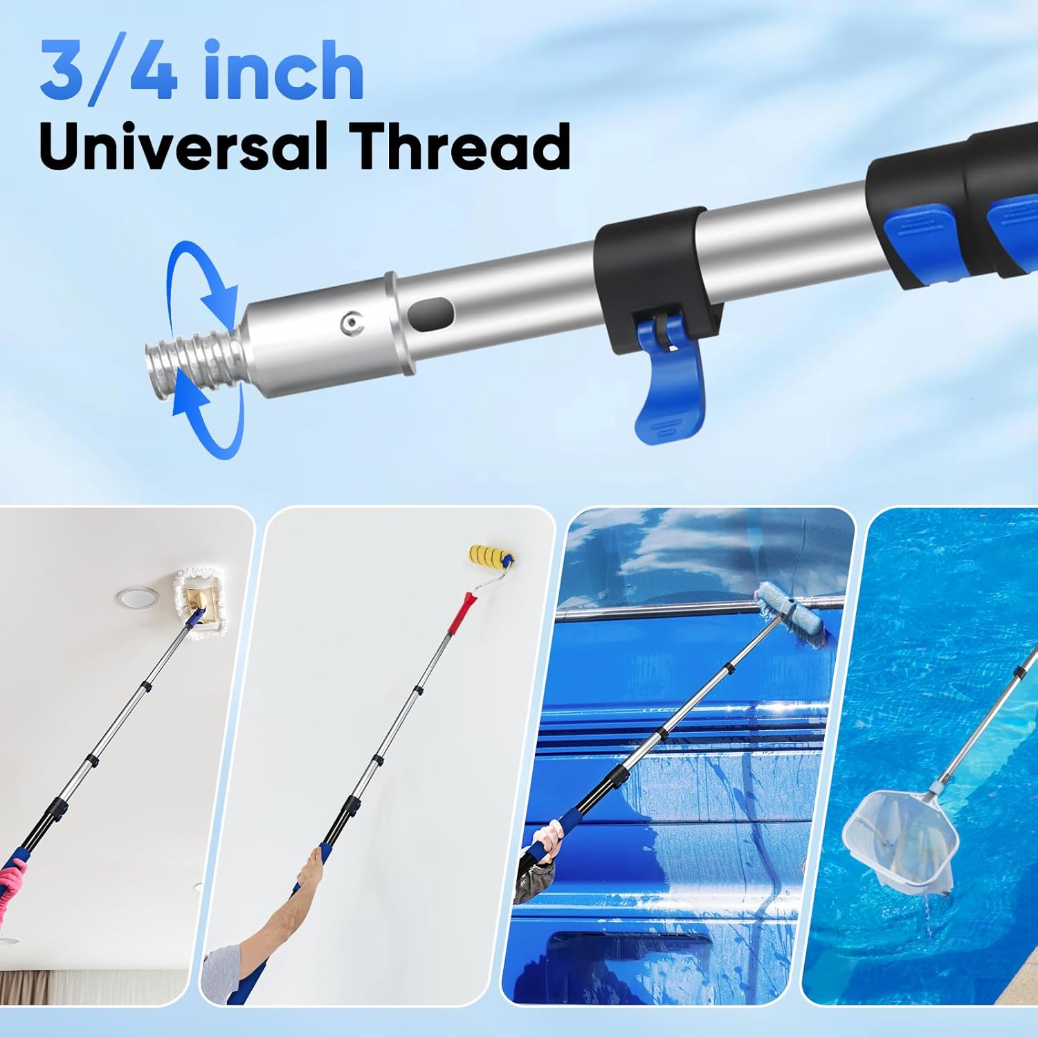 GADFISH Pool Pole Telescopic, 16FT Reach Aluminium Telescoping Pole with 4 Baffle Locks, Universal Extension Pole for Skimmer Nets, Rakes, Brushes and Vacuum Heads -Swimming Pool Cleaning Tools