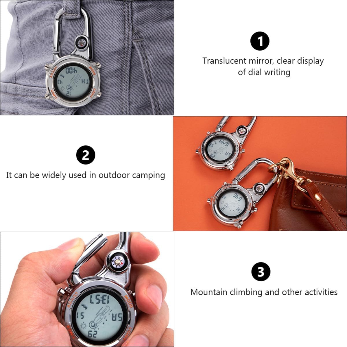 Homoyoyo Carabiner Pocket Watch with Compass Men Women Climbing Clip-on Fob Watch Orange Metal Sports Outdoor for Hiking