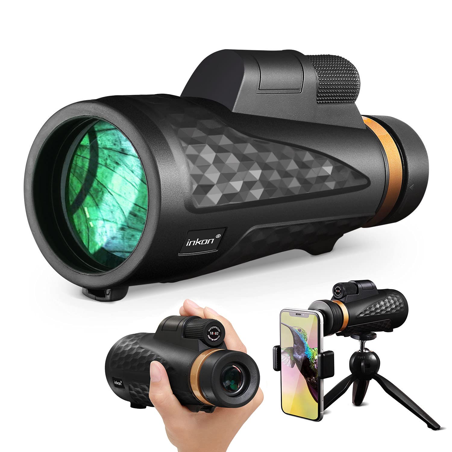 Monocular Telescope 18x 62 High Power HD BAK4 Prism Cosmic Scope Monocular with iPhone Smartphone Holder and Tripod, Low Night Vision and Day Monocular for Adults Kids Birding Hunting Hiking