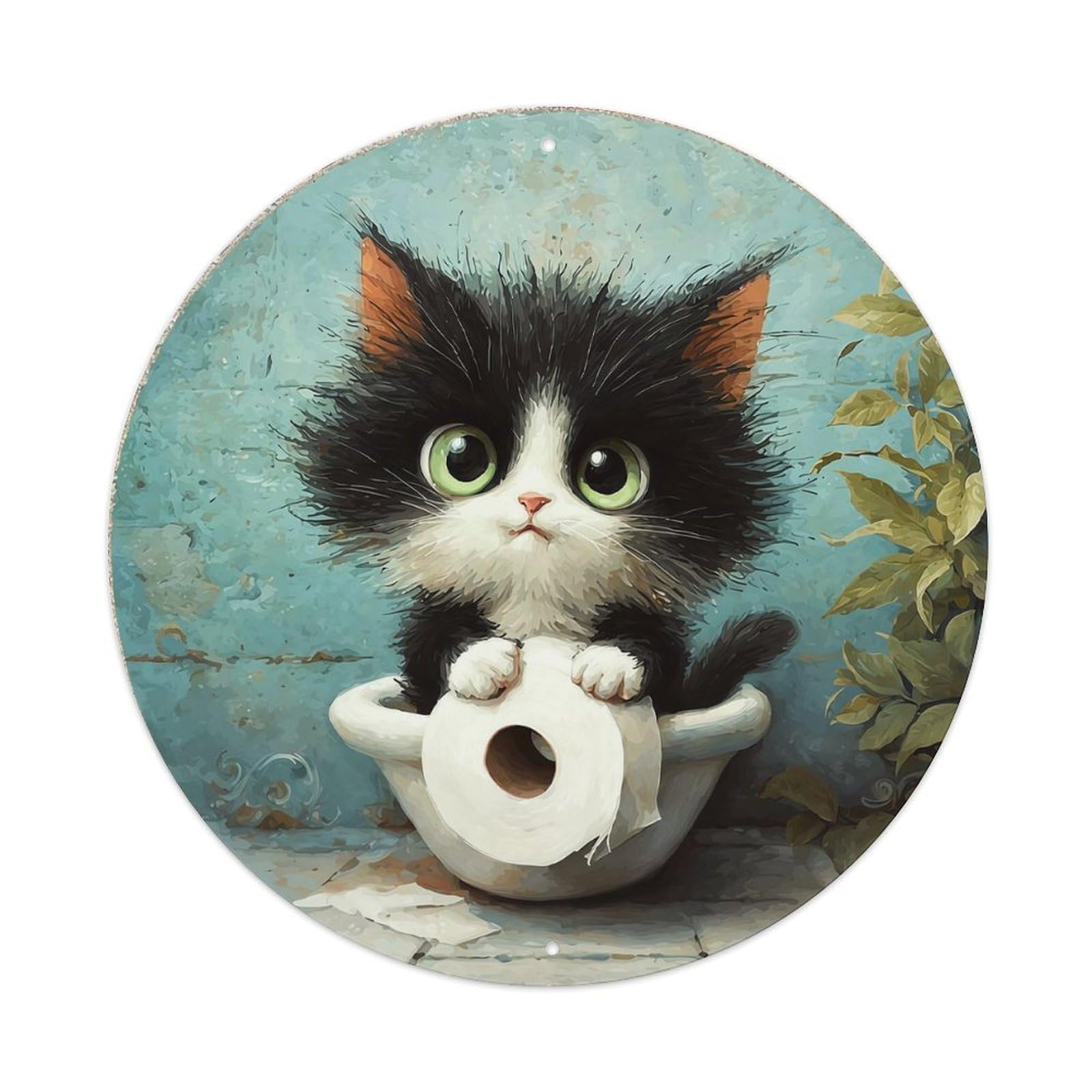 Cute Kitten Holding Toilet Paper Vintage Metal Tin Sign Retro Wall Decor for Home Bar Garage Cafe, Indoor & Outdoor Decorative，circle Metal Poster, 8x8 Inch