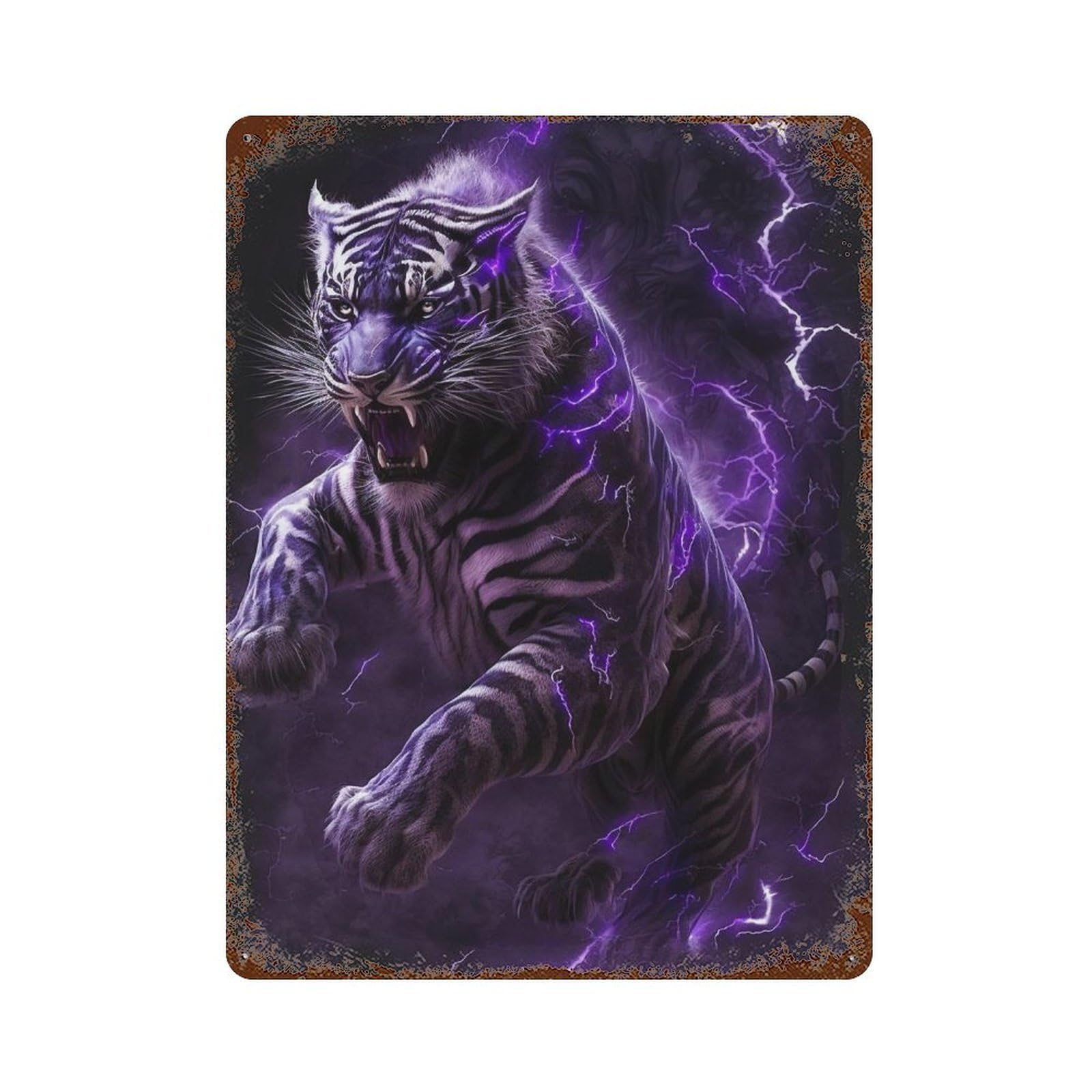 Purple Tiger Lightning Energy Art Print Weathered Tin Sign 15.7"x11.8", Classic Wall Plaque for Garage, Bar And Workshop Decor