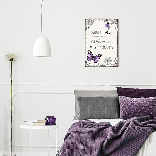 Miniatura 9 de YPY Lienzo con cita inspiradora para la pared póster enmarcado motivacional con diseño de mariposa morada, letrero con texto en inglés "What if I