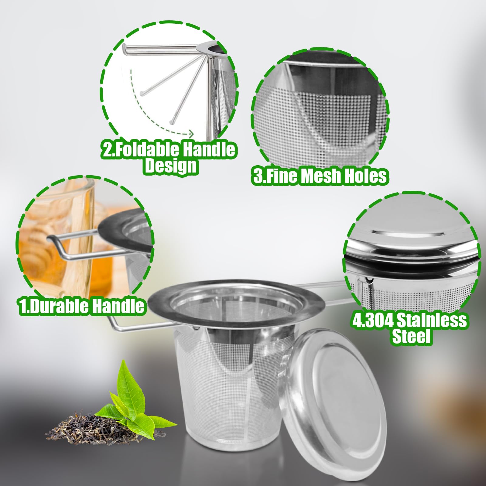 WinGluge Infusor de Te 304 Acero Inoxidable, Infusionador Universals, Filtros Te para Tazas Té de Hierbas, Colador Te con Tapa, Tea Infuser, Diseño de Mango Plegable, Neto Fina, para Teteras y Tazas
