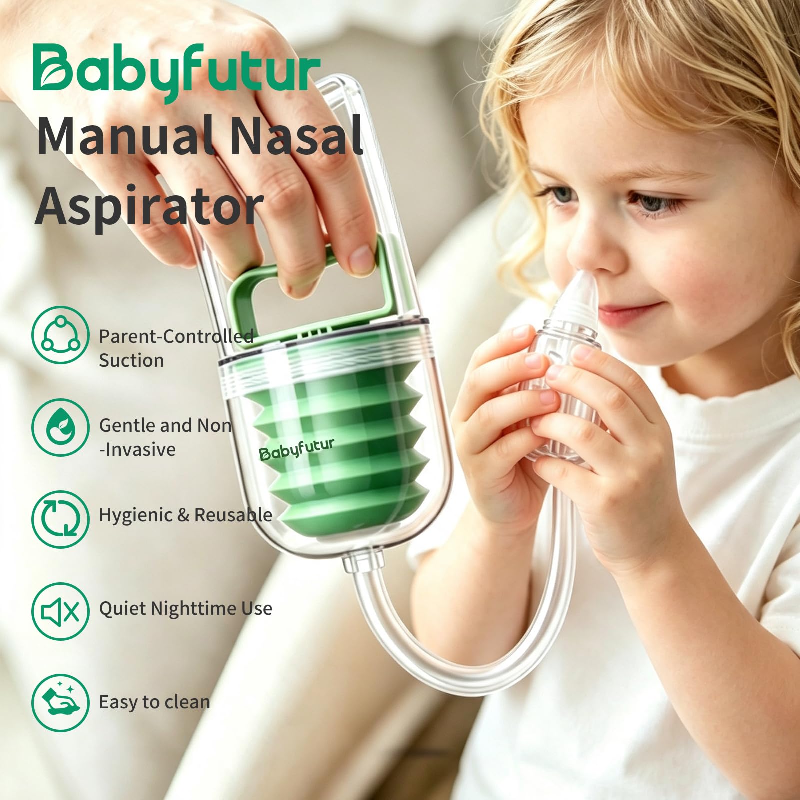 Aspirador nasal manual para bebé – Aspirador nasal de succión fuerte con puntas de silicona suave, fácil de limpiar y reutilizable, silencioso y seguro limpiador de nariz para recién nacido Baby Futur