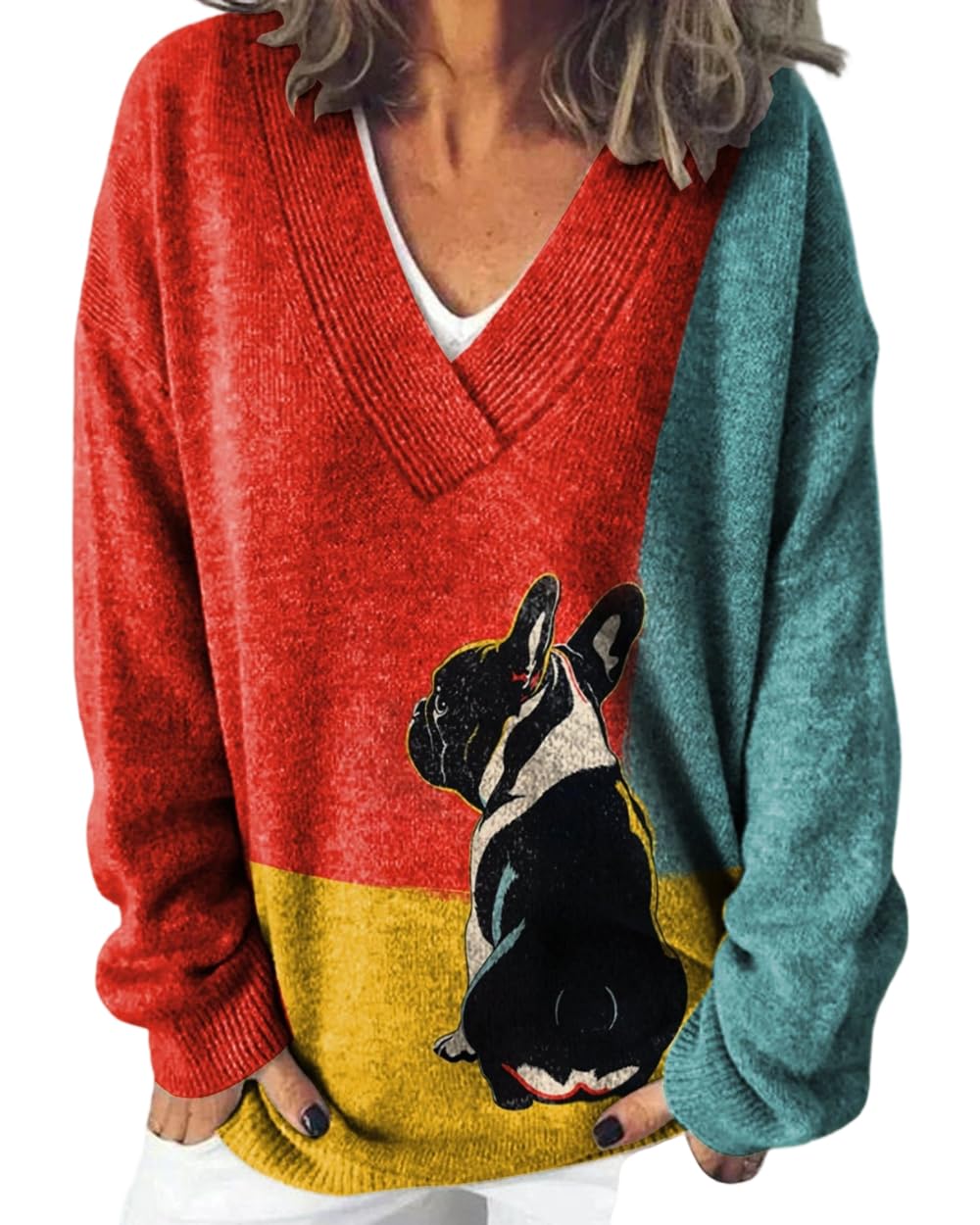Womens Oversized Lightweight V-Neck Long Sleeve Pullover Top Cozy Fish Print Plus Size Autumn Casual Top