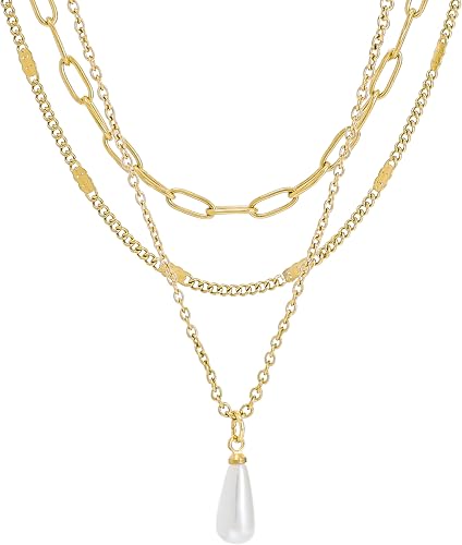 Gold Layered Necklace for Women – 14K Gold Plated 3-Layer Paper Clip Choker, Fla