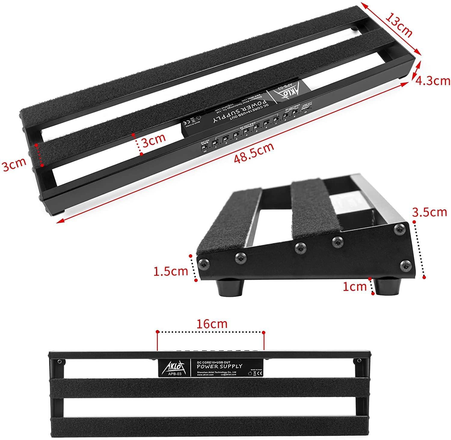 Pedalboard,AKLOT Gitarre Pedal Board mit eingebautem Netzteil Gitarren-Effektpedal Aluminiumlegierung Netzteil 48,5 x 13x 4,3cm mit Tasche Pedalkabel Klettverschluss