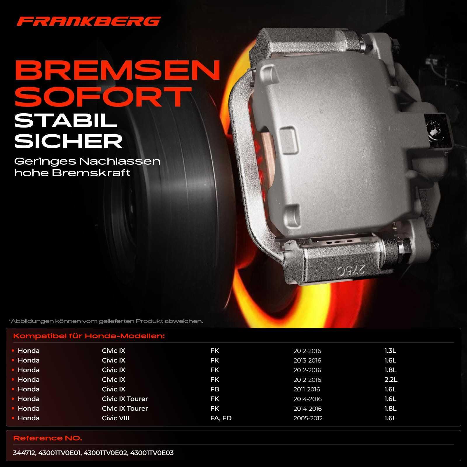 Frankberg Szczypce hamulcowe do zacisku hamulcowego kompatybilne z Civic IX 2012-2016 Brake caliper One Side 1 piston without brake rear leftt one piece replace # 43001TV0E01