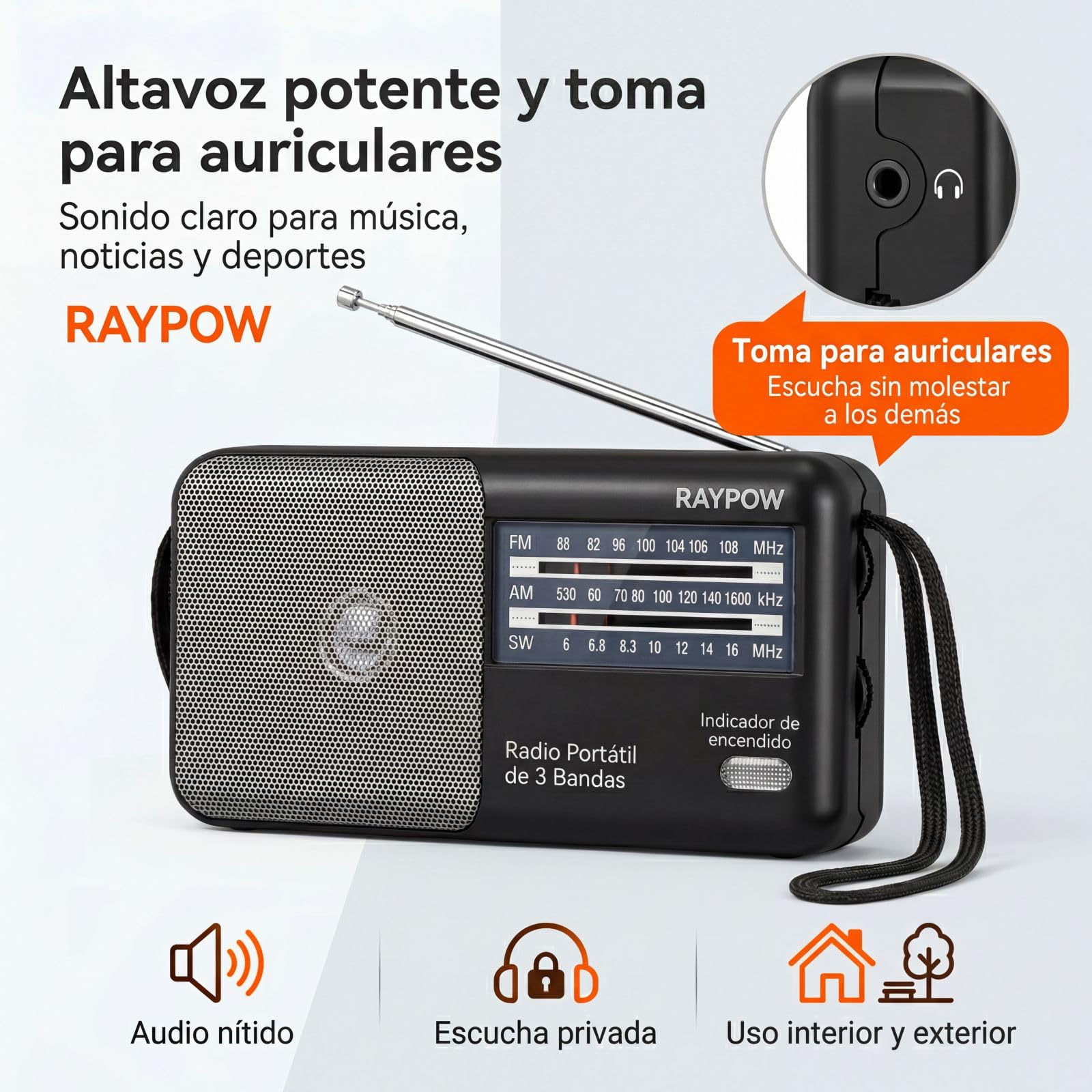 Radio portatile FM AM SW8~SW18 3 bande transistor, altoparlante potente, funziona con 2 batterie AA