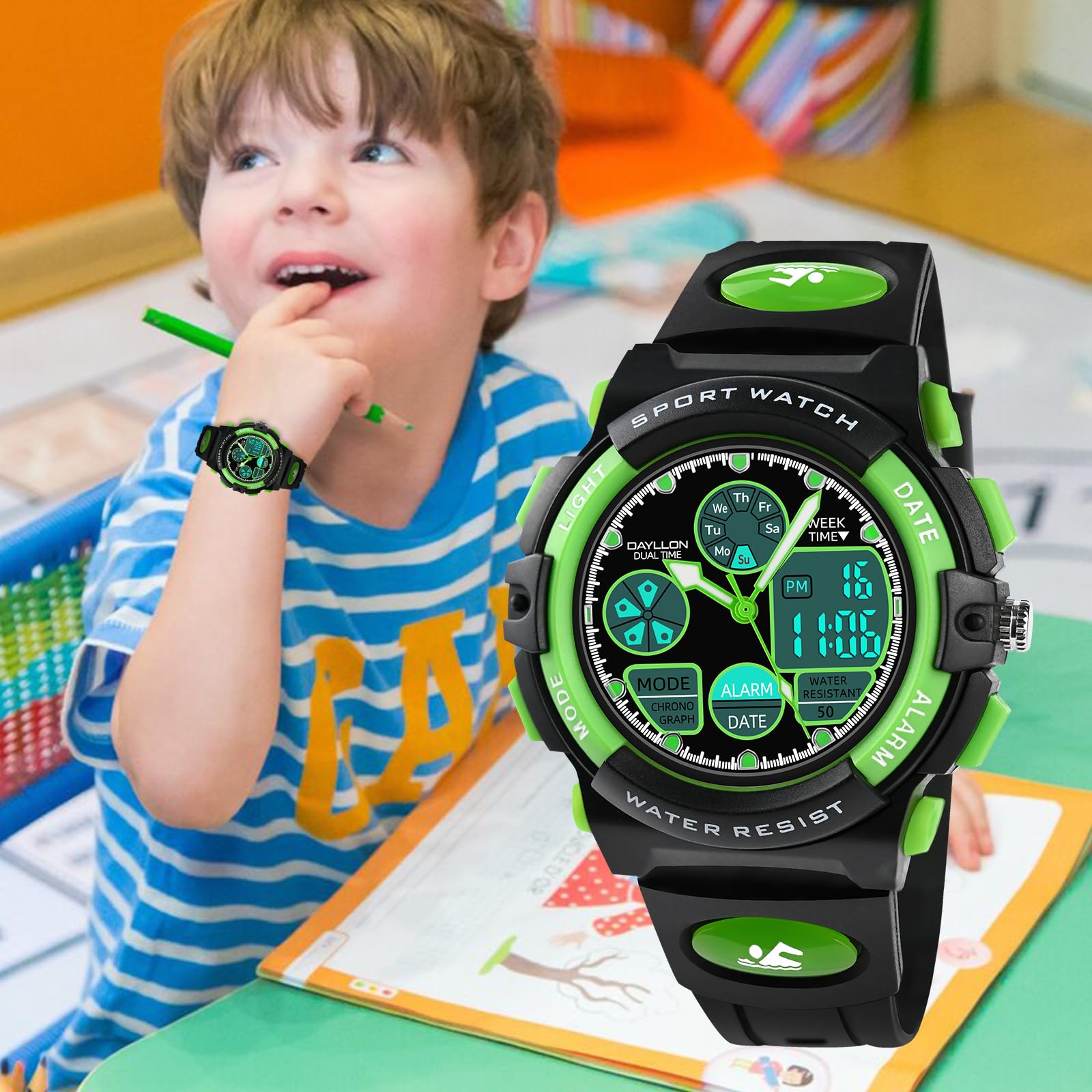 Dayllon Orologi per bambini, ragazzi età 5-15, orologio analogico digitale per bambini, verde, Verde