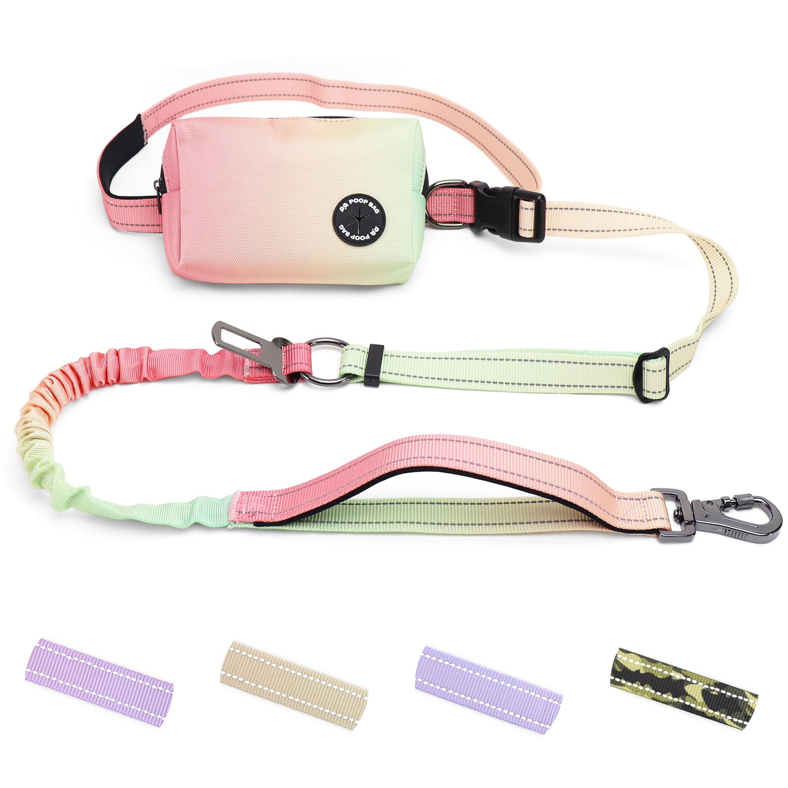 Hands Free Dual Handle Retractable Bungee Leash with Reflective Trim, Adjustable Waist Belt for Dog Walking, Running, Hiking - Durable Nylon Leash for Medium Large Dogs, Green