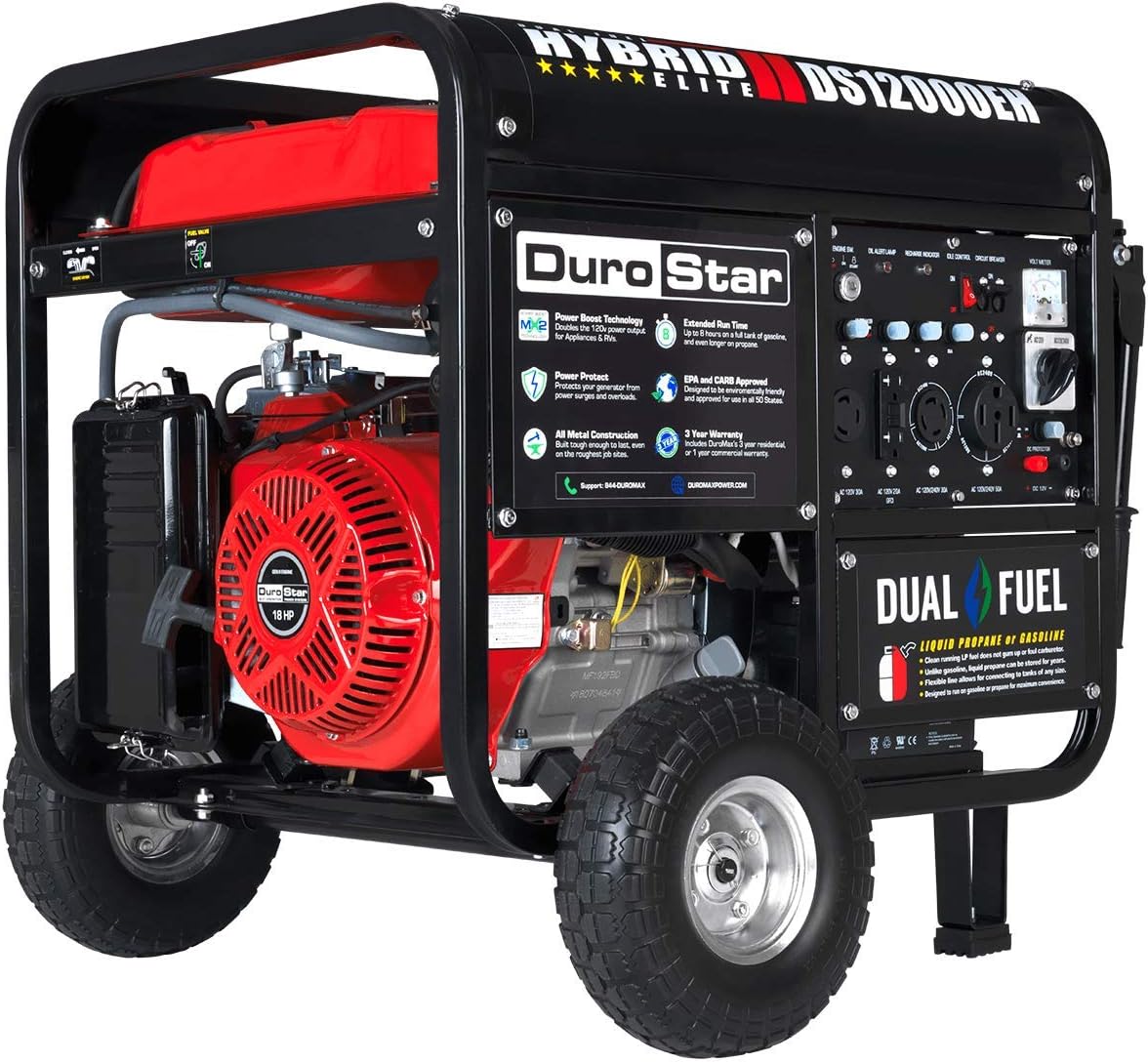 12000-Watt Gas or Propane Dual Fuel Electric Start Portable Generator, Home Back Up & RV Ready, 50 State Approved