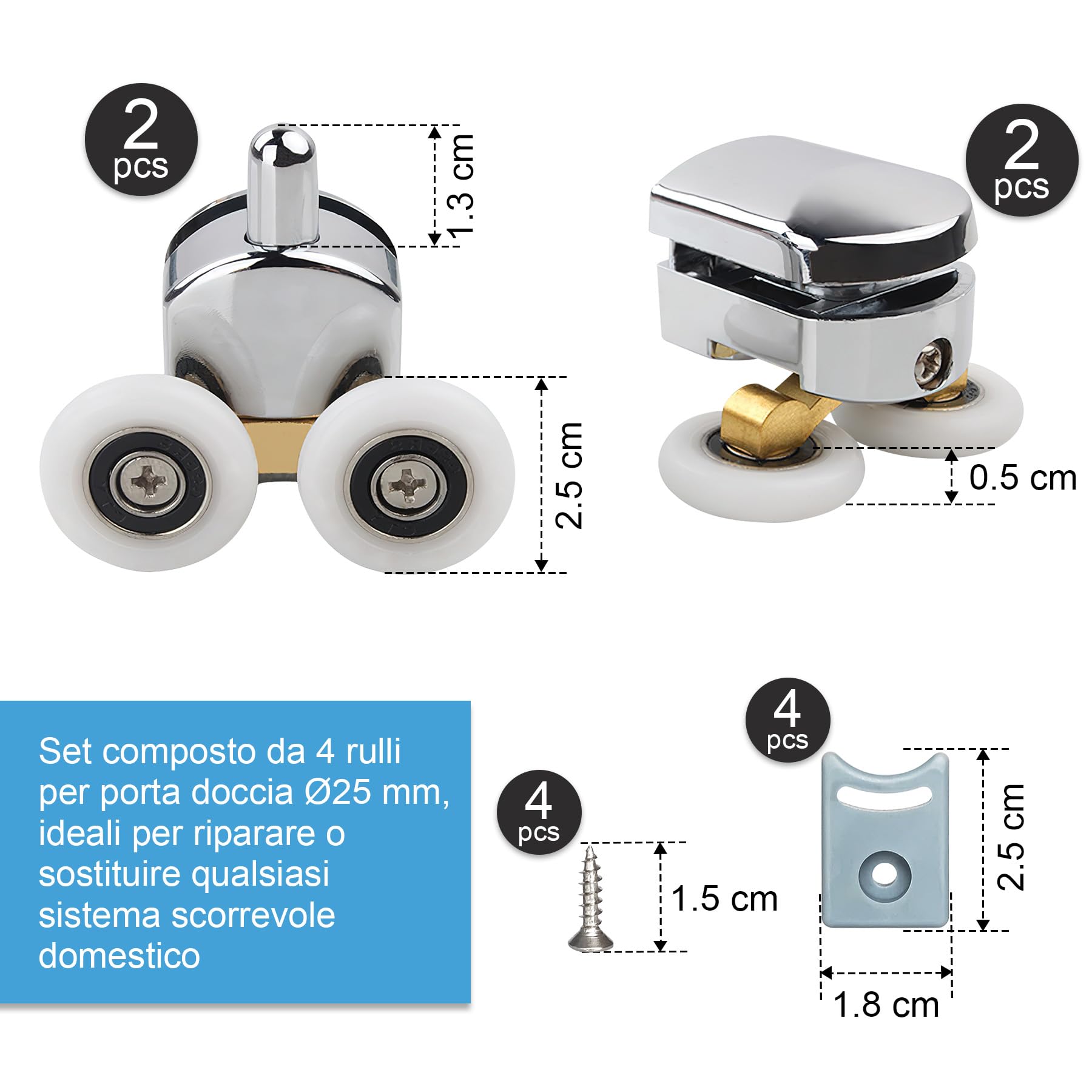 4 Set Rulli per Porta Doccia Ø25 mm, Rotelle per Box Doccia in Vetro 4–6 mm, Cuscinetti Silenziosi e Resistenti, Kit per Porta Scorrevole (2 Rulli Superiori e 2 Inferiori) - 2
