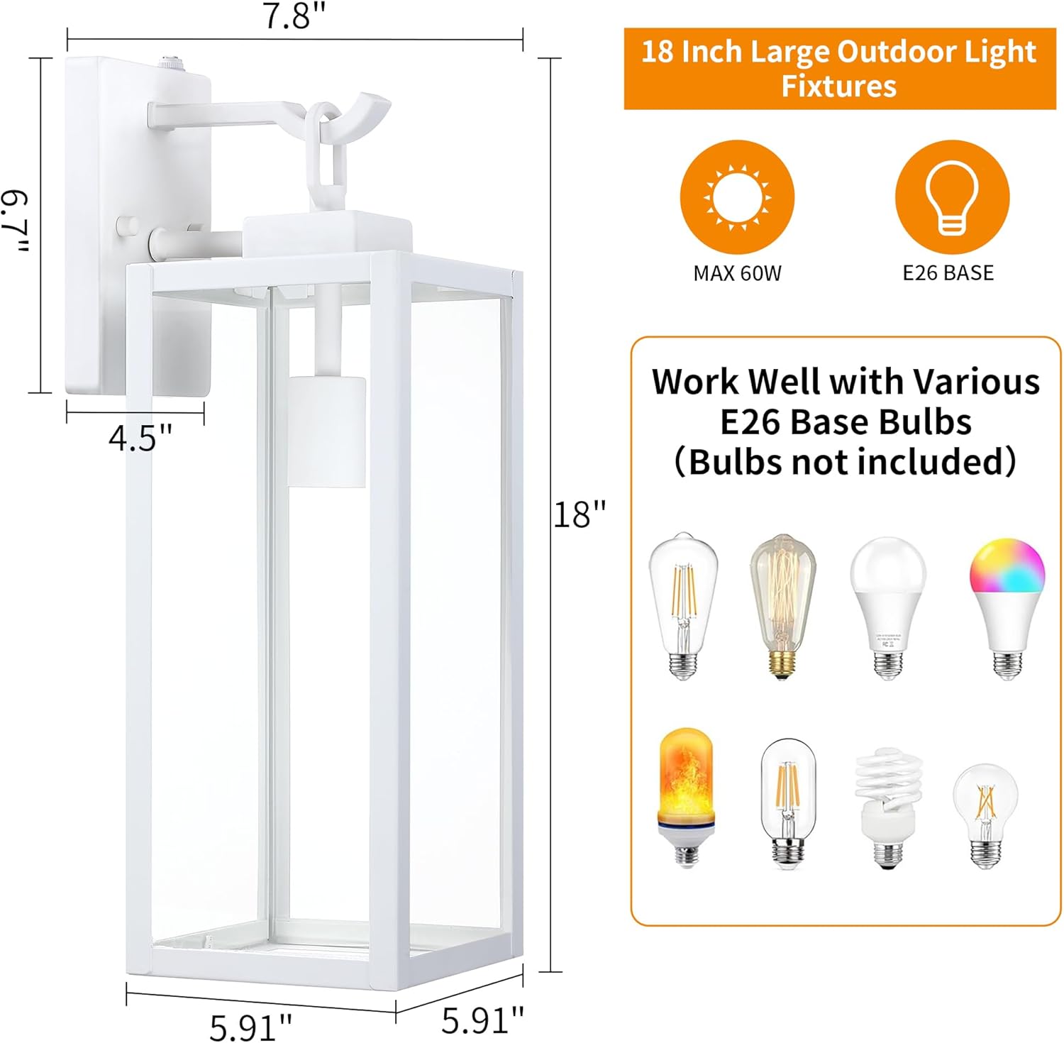 GRUENLICH Dusk to Dawn Outdoor Wall Light Fixtures, 18 Inch White Exterior Waterproof Porch Sconce Lighting, E26 Socket & Tempered Glass, Double Extra Large Size Wall Lantern for Patio Garage, 1-Pack