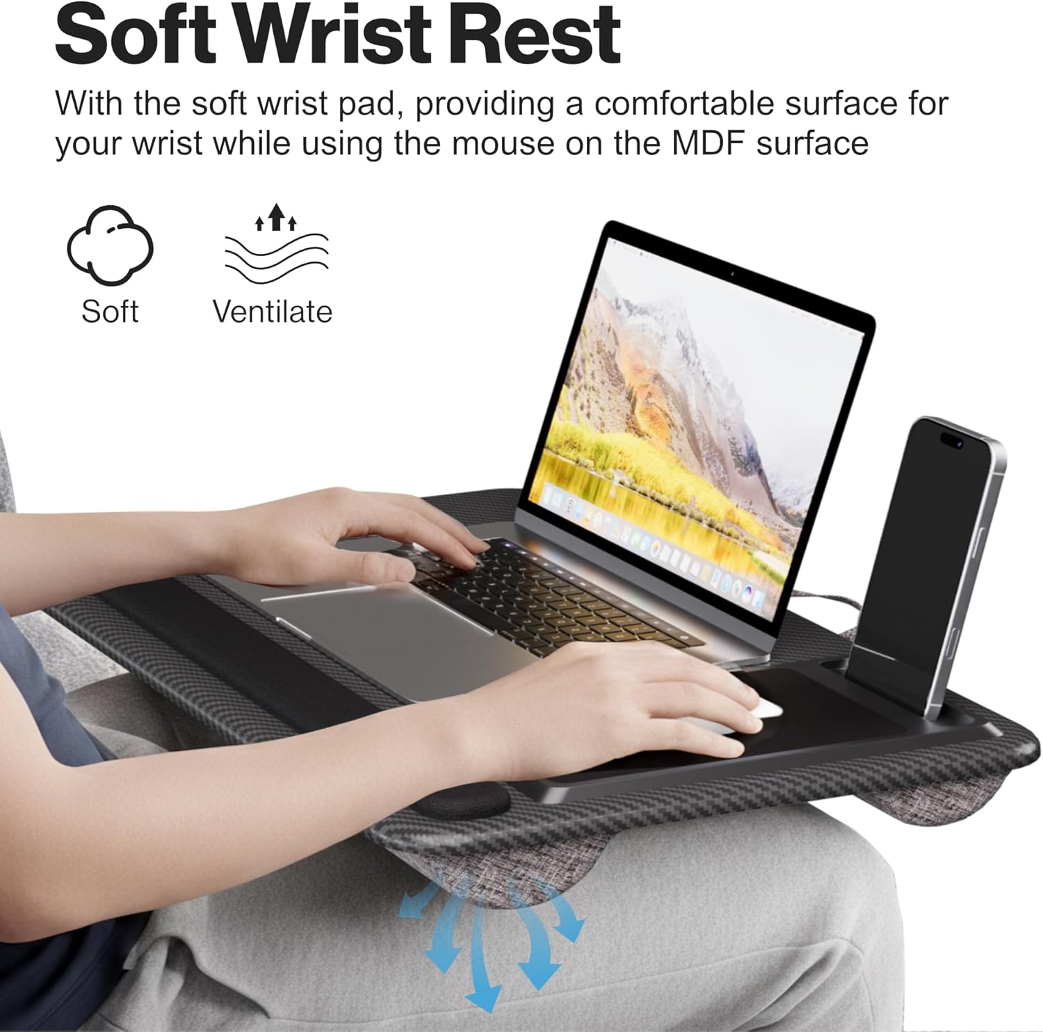Portable Lap Desk Wood Laptop Tray with Cushion, Lightweight Laptop Stand for Bed Lap Tray with Built-in Mouse Pad, Wrist Rest, Phone Slot, Lap Stand for Sofa and Bed