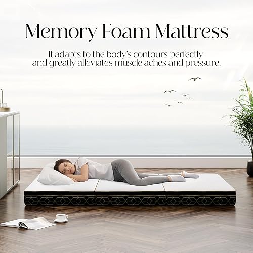 Miniatura 4 de Colchón de espuma viscoelástica de tres pliegues tamaño individual, colchón plegable portátil de 6 pulgadas con asa y funda lavable, cama de piso