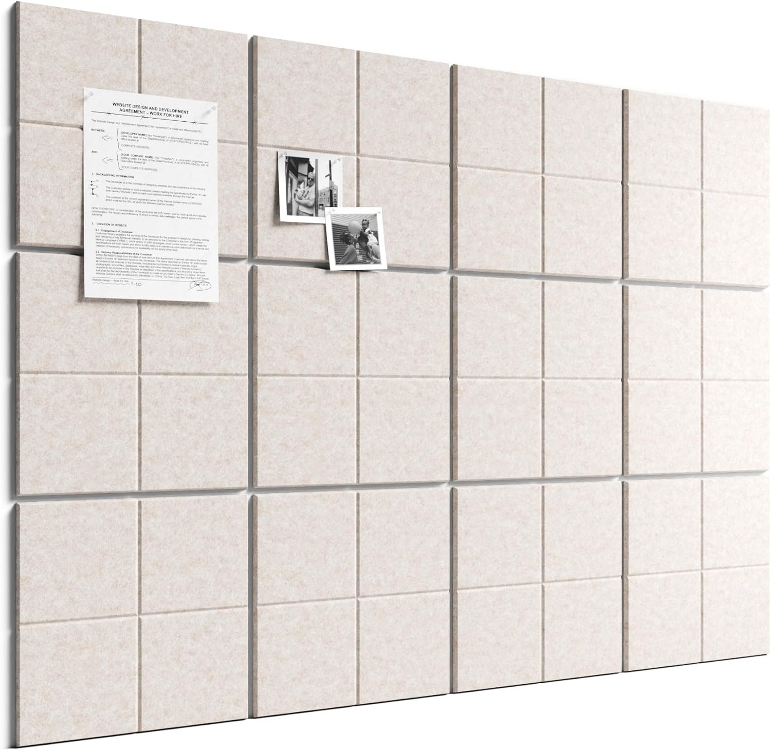 Bumusty Large Felt Bulletin Board, 48" x 36" Cork Board Alternative, 12-Pack Wall Tiles with 4-Compartment Design, 30 Push Pins, 70 Adhesive Tabs, Ideal for Office & Home Decor, Oatmeal
