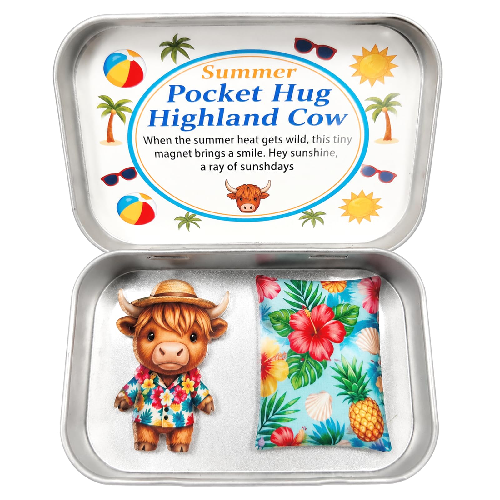 Orsefeliy Highland Cow Pocket Hug Set, Mini Highland Cow Toys with Tin Box & Motivational Card, Hug In A Box for Emotional Support, Highland Cows Gifts for Friends, Family and Cow Fans
