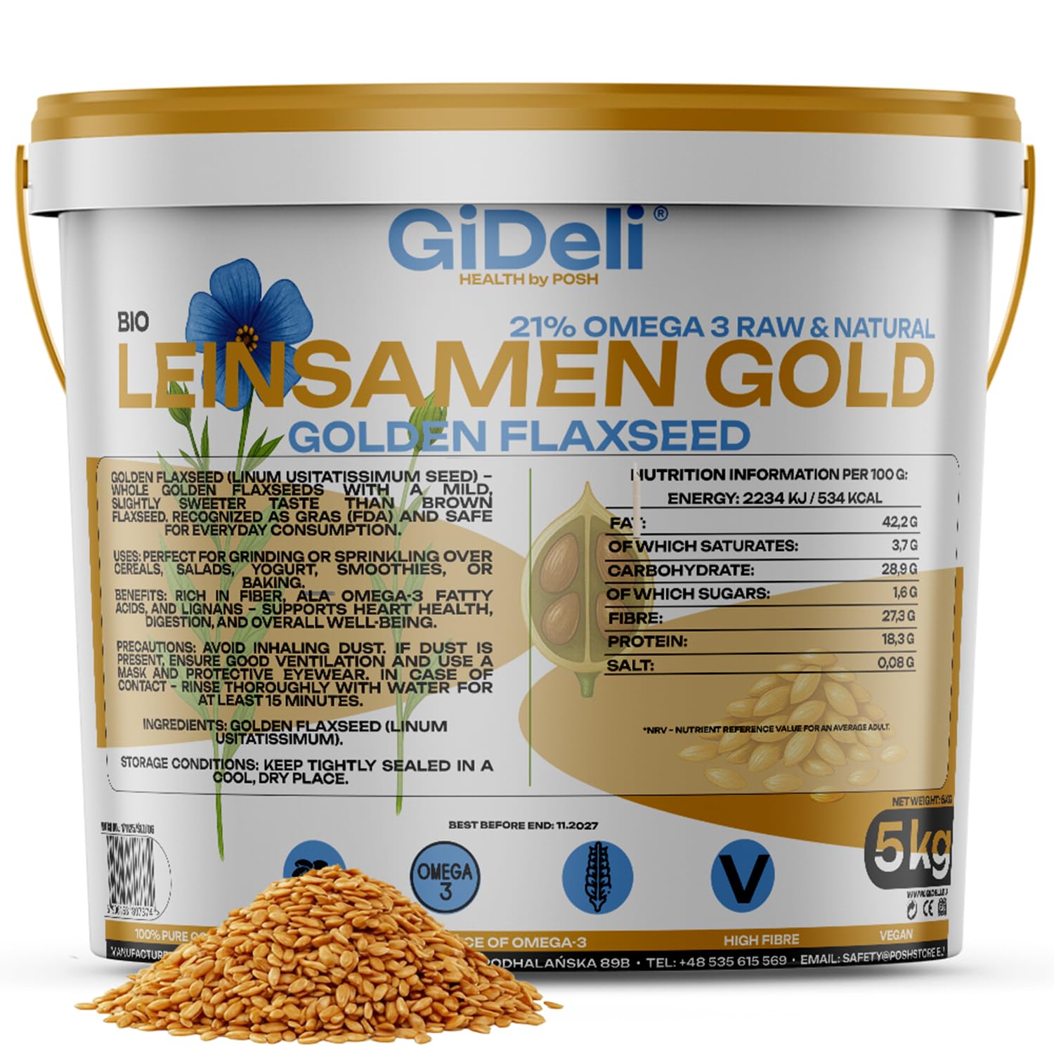 GiDeli Graines de lin dorées 5 kg de graines brutes entières oméga-3 et fibres, idéales pour les smoothies, les céréales, la pâtisserie et les salades (5000 g)