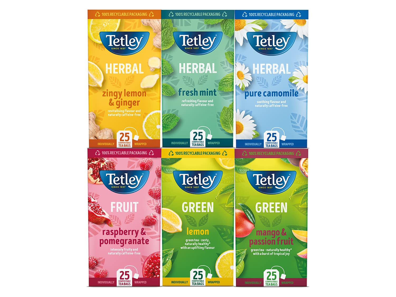 Tetley Green Fruit+Herbal Tea Bags Variety Pack 6X25 (Pack Of 150) Xfo3507