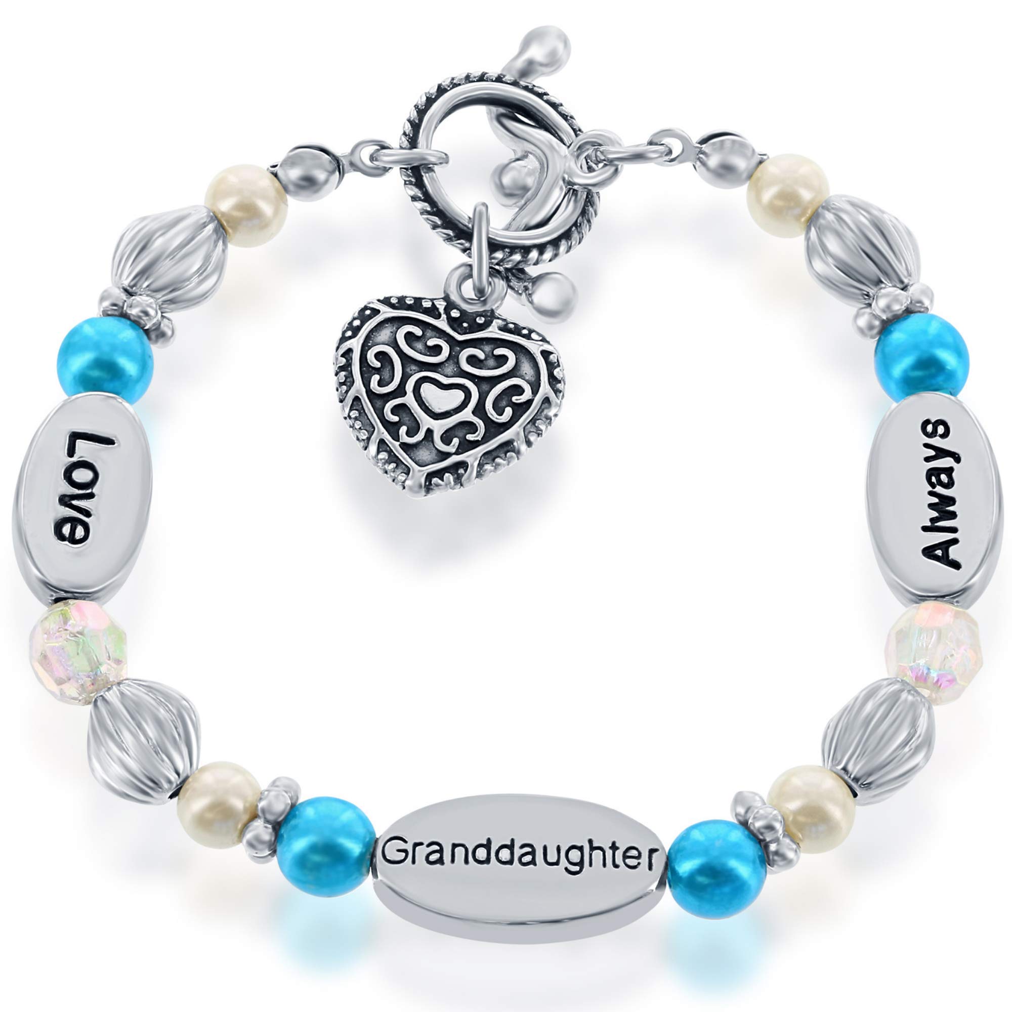 Granddaughter Gift | Stretch Heart Charm Bracelet for Girls | Gift Boxed with Sentimental Card | 'Love Granddaughter Always' Silvertone Beads & Synthetic Pearls (Blue)