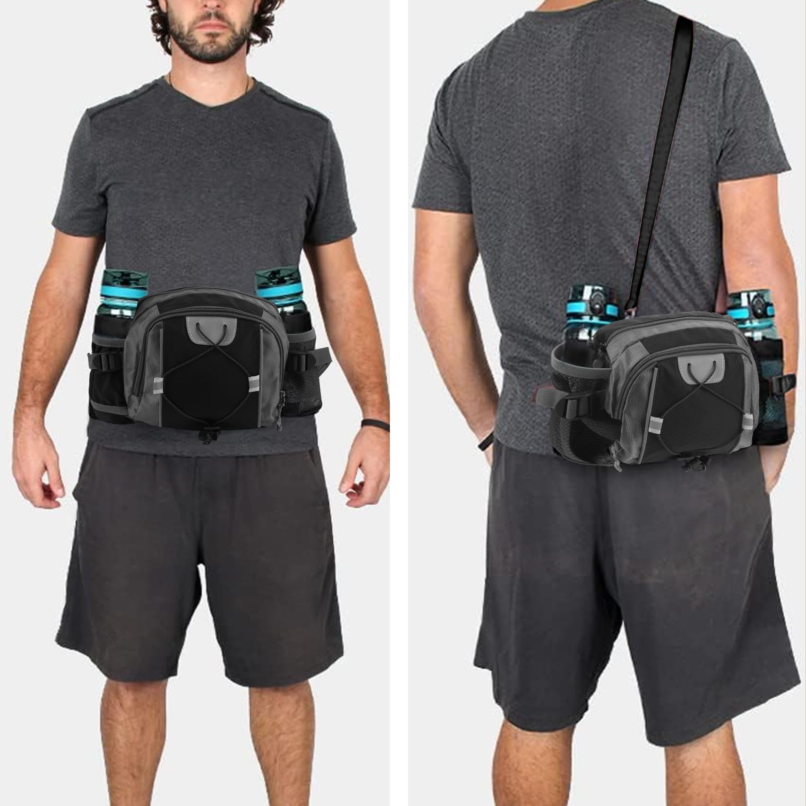 Sac banane avec porte-bouteille d'eau, grand sac banane pour homme et femme avec bandoulière réglable, sac de ceinture imperméable pour promenade, randonnée, course à pied (noir), noir